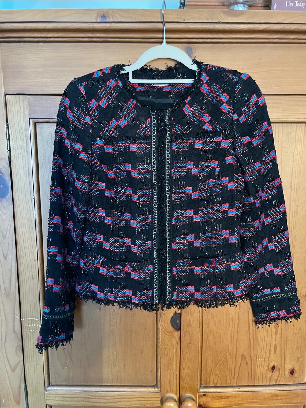 Trina Turk Black Tweed Frayed Jacket with Red & Blue Accents